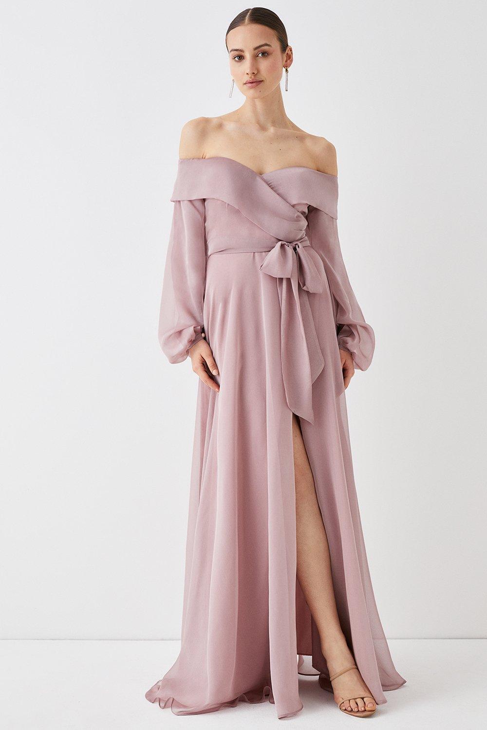 Bardot Wrap Fluid Skirt Maxi Dress - Mauve
