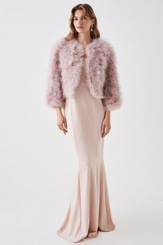 SQFMD495A-0Y - Velvet and Sequin Ostrich Feather Trim Dress