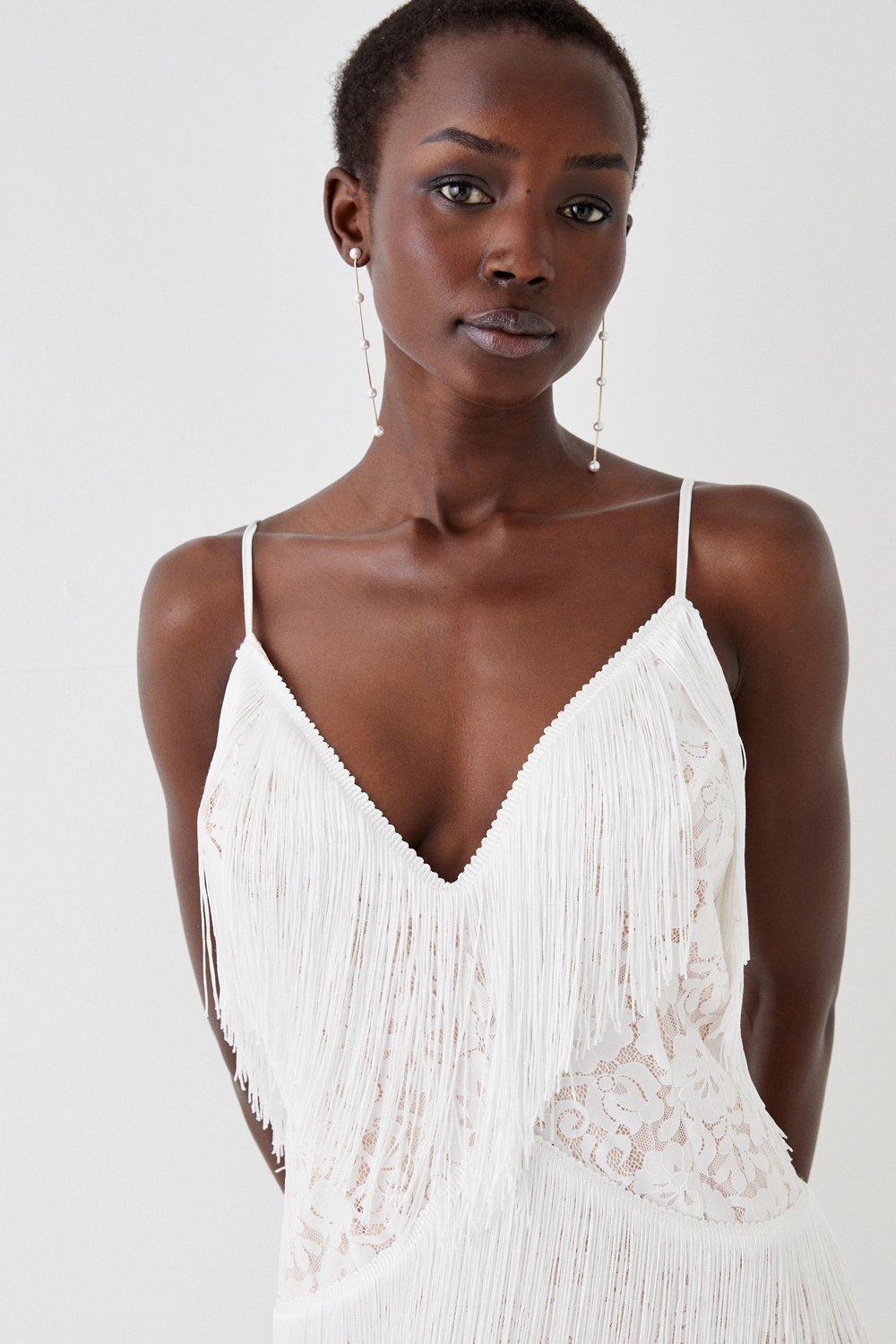 Lace And Tassel Statement Plunge Jumpsuit - Ivory