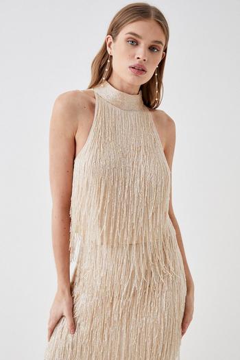 Related Product High Neck Champagne Embellished Fringe Top
