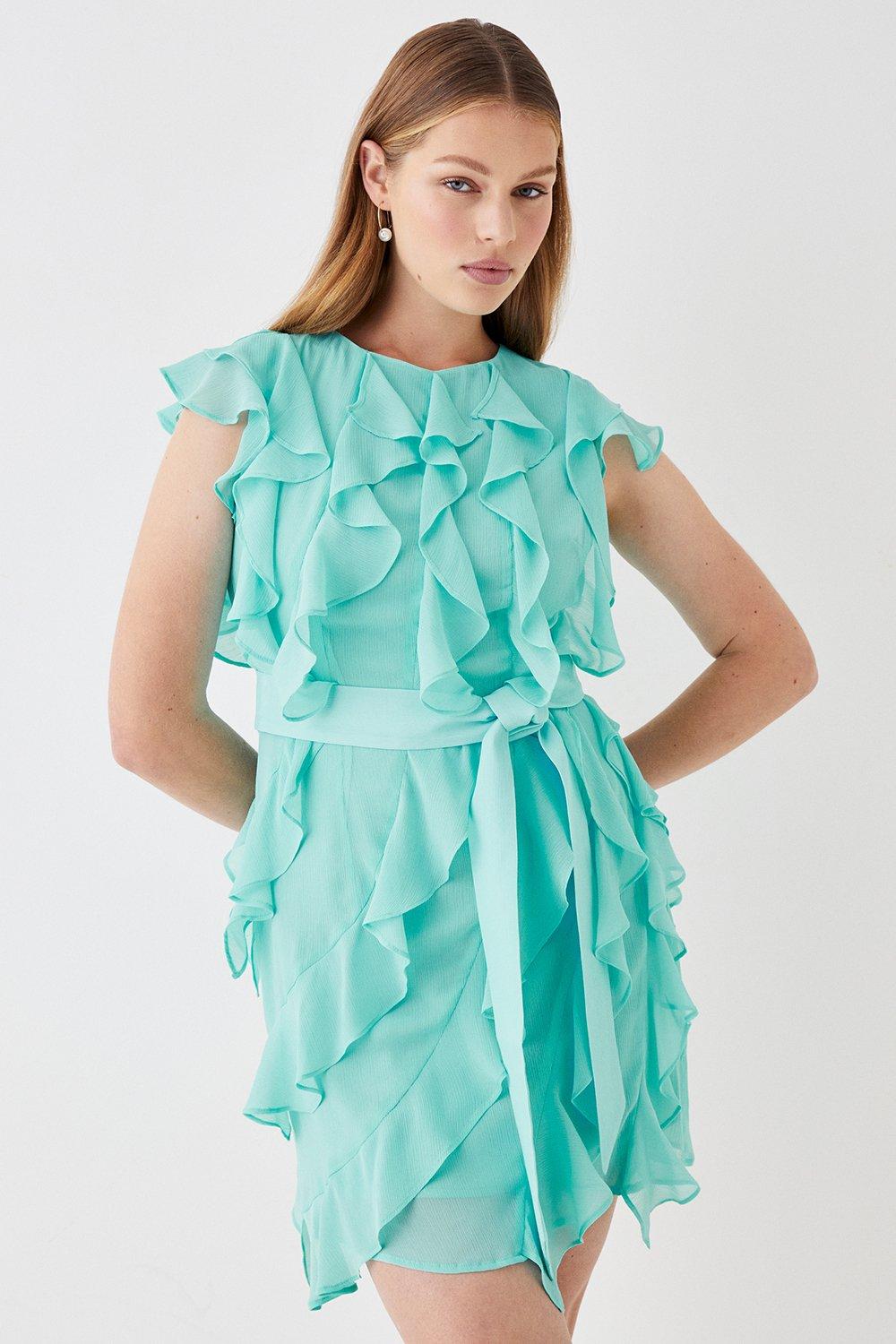 Ruffle Chiffon Belted Mini Dress - Turquoise