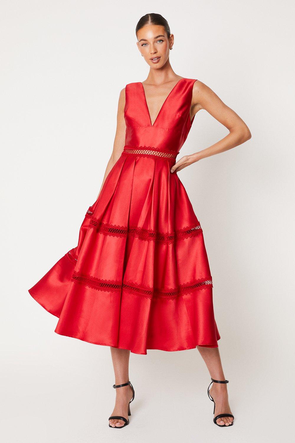 Plunge Neck Twill Midi Dress With Lace Trims - Red
