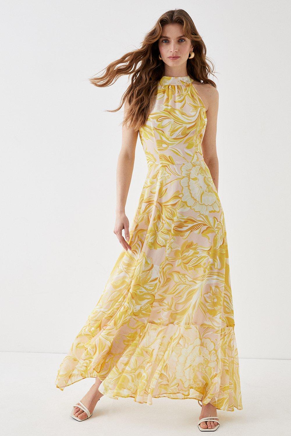 Alexandra Farmer Halter Neck Full Skirt Maxi Dress - Yellow