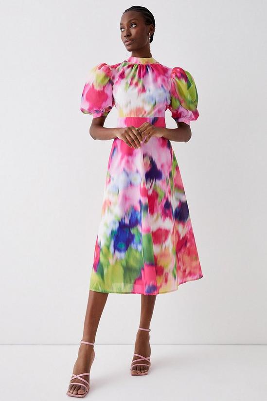 Coast Blurred Floral Puff Sleeve Cutout Back Midi Dress 1