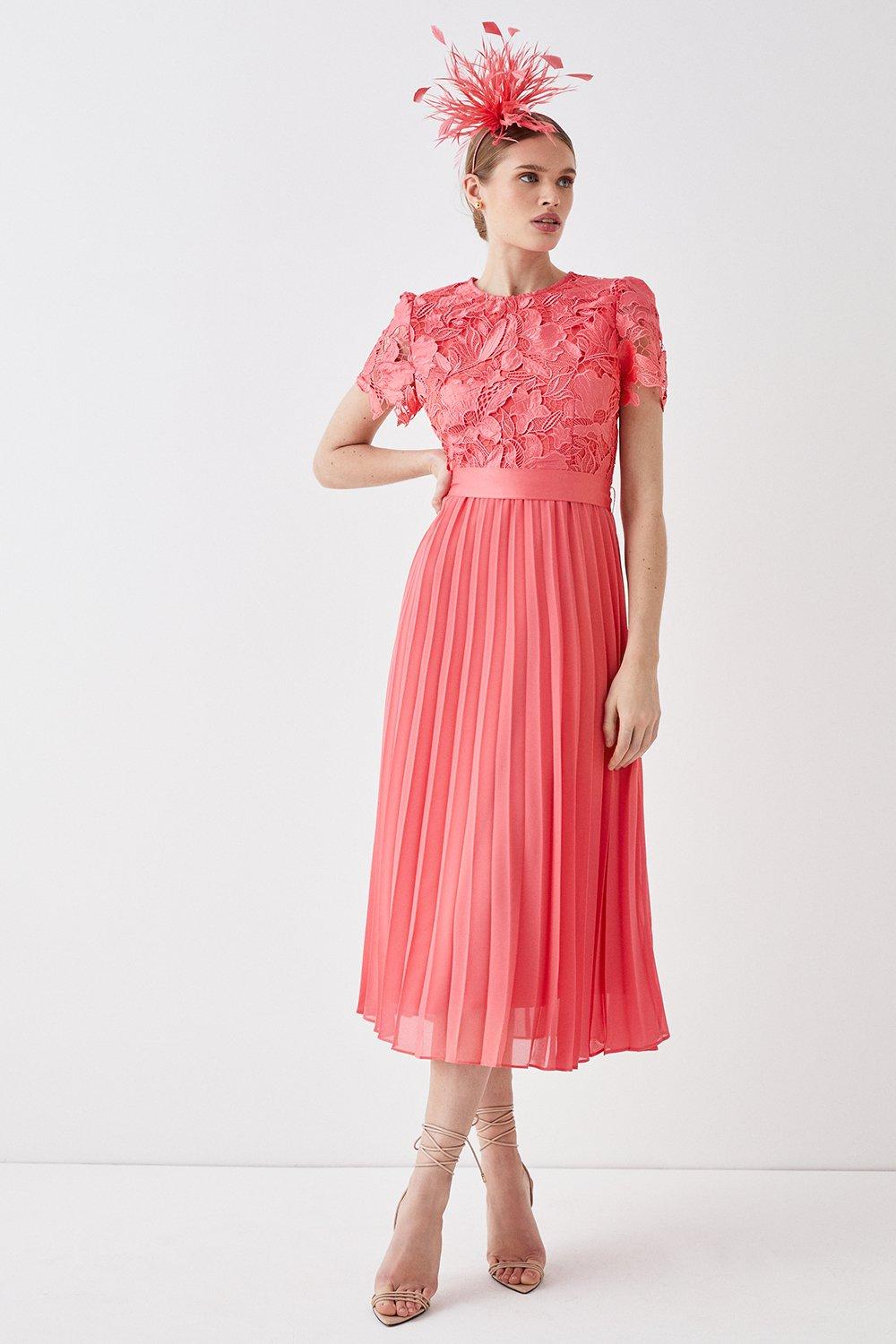 Premium Floral Satin Lace Pleat Skirt Midi Dress - Pink