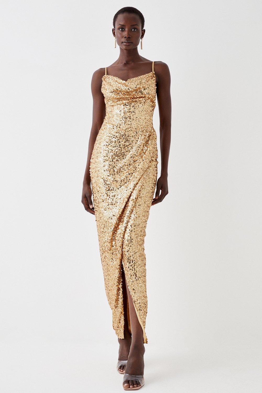 Cowl Neck Sequin Maxi With Fishtail Hem - Gold