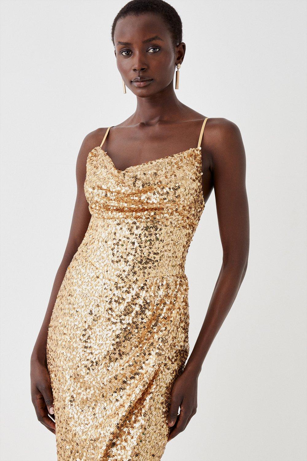 Gold sequin cowl outlet neck dress