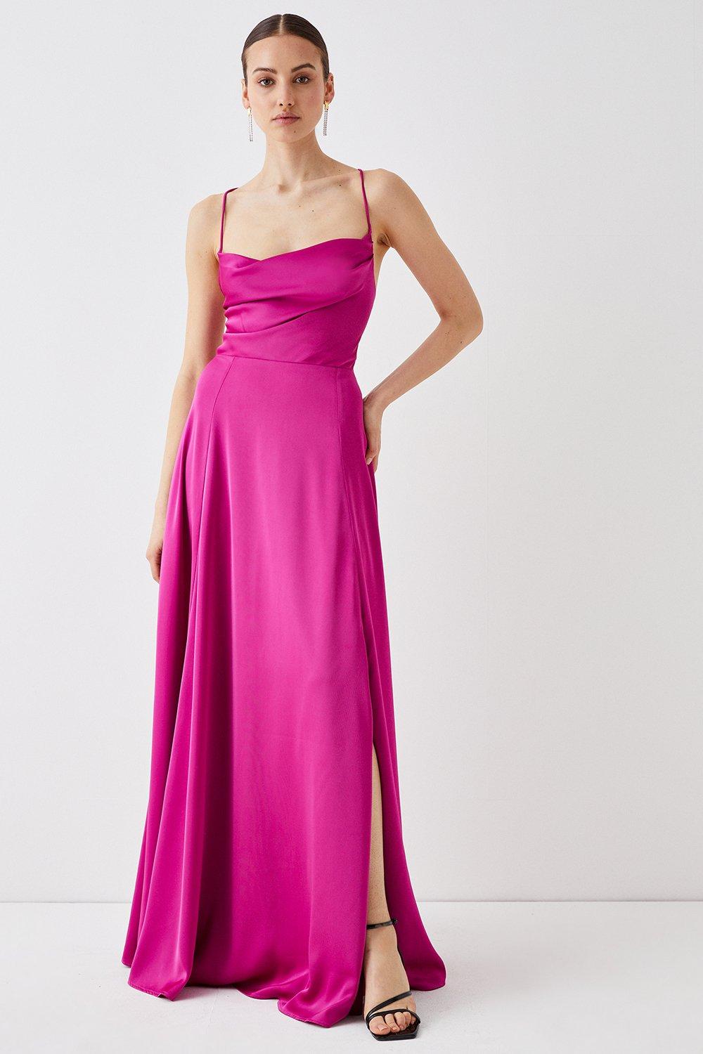 Goddiva Cowl Neck With Strappy Back Satin Maxi - Red - Sale from Yumi UK