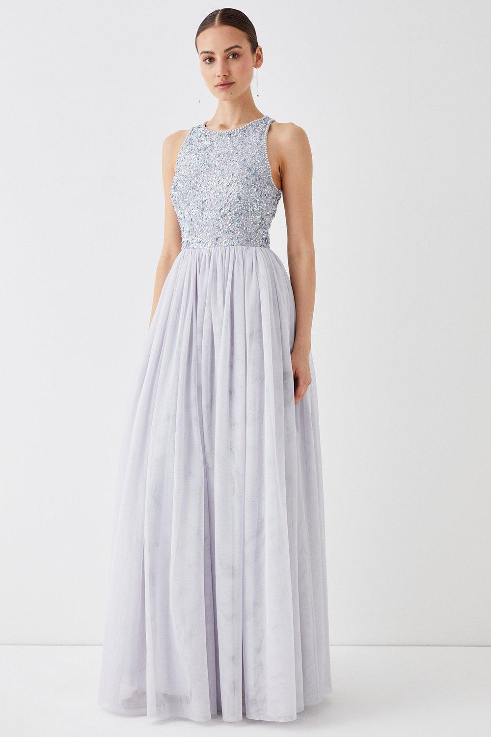 Tulle Embellished Bodice Maxi Prom Dress - Powder Blue
