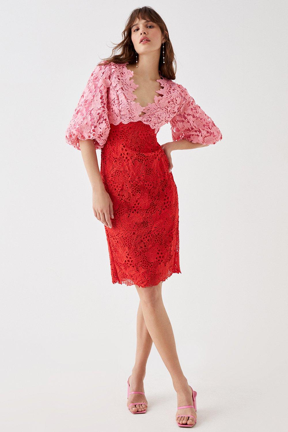 Puff Sleeve Lace Pencil Dress - Pink