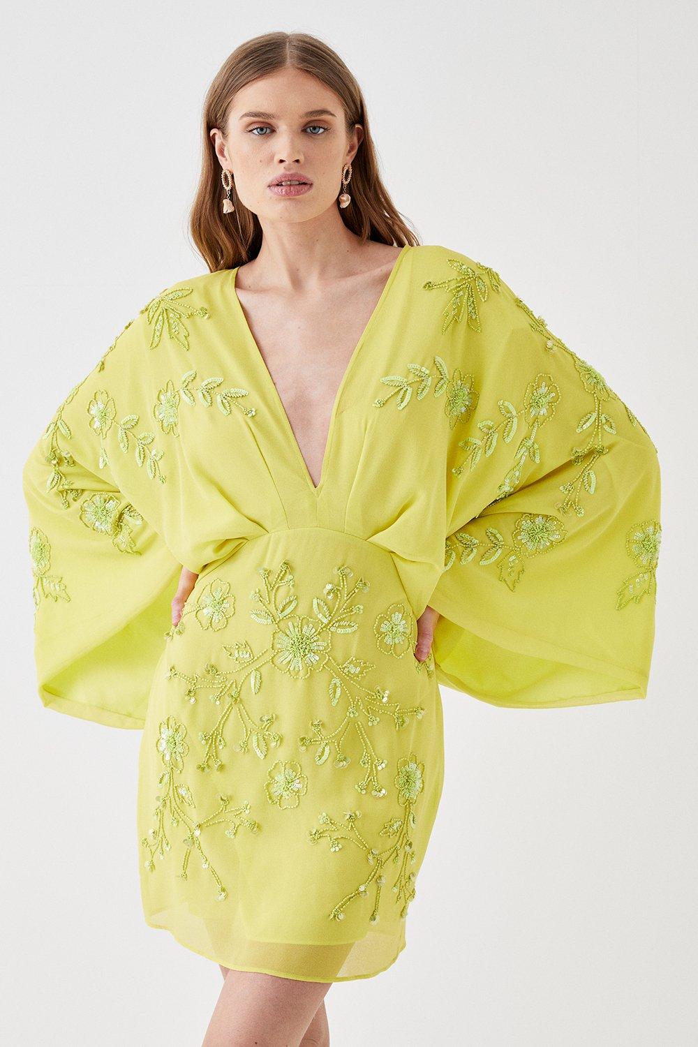 All Over Beaded V Neck Kimono Mini Dress - Chartreuse