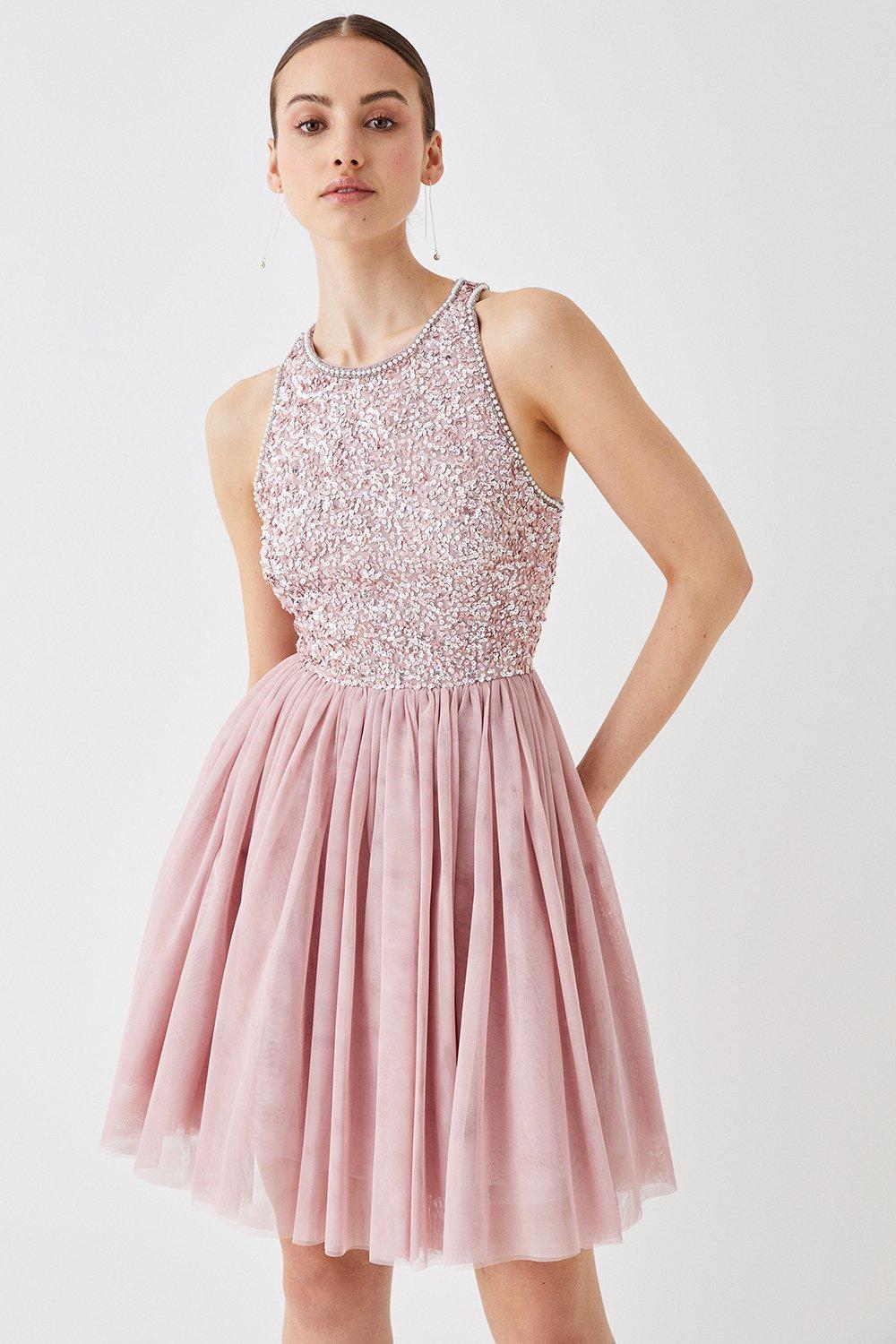 Mini Tulle Skirt Embellished Bodice Prom Dress - Pink