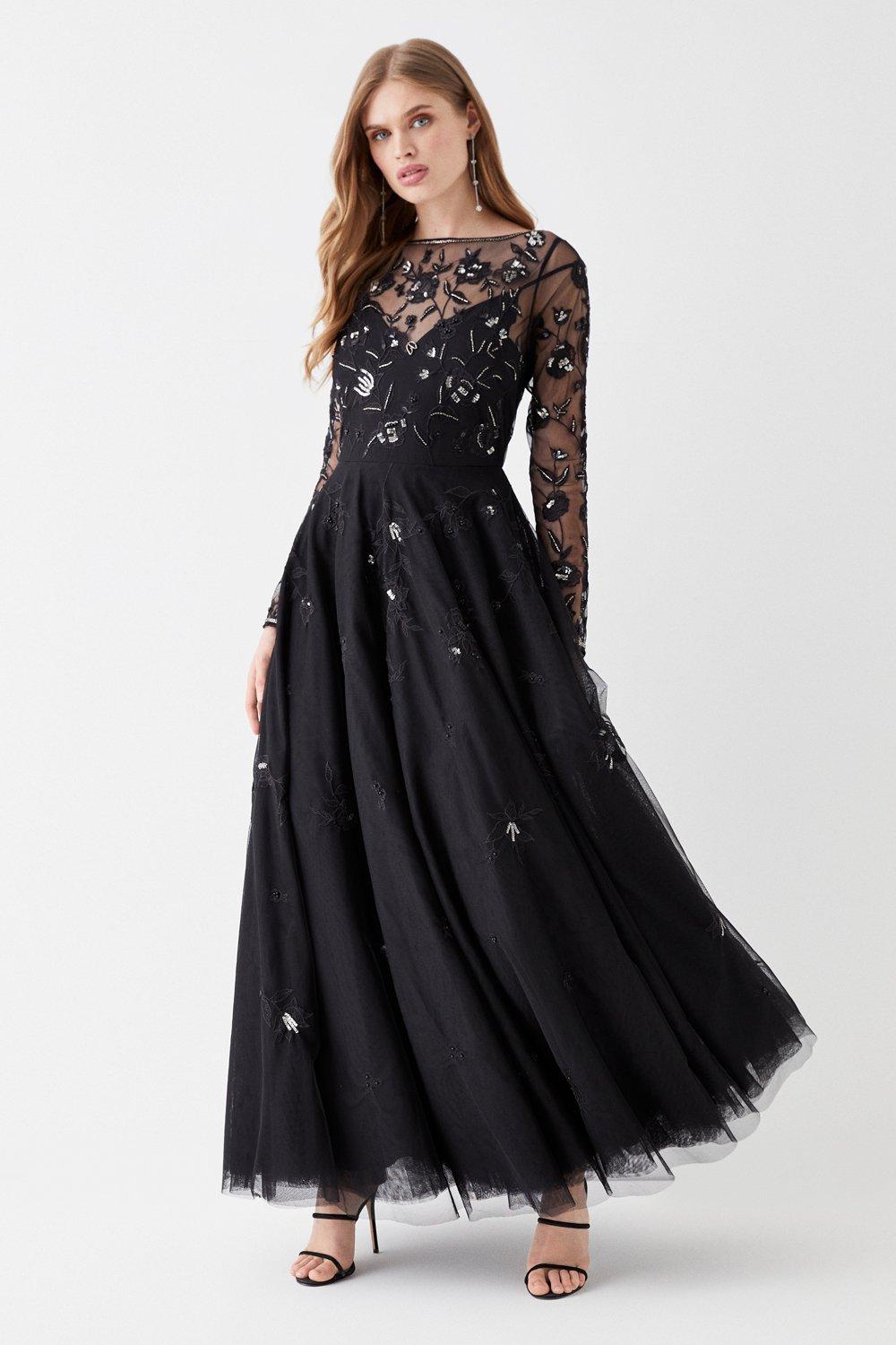 Floral Embellished Full Skirt Maxi Dress - Black