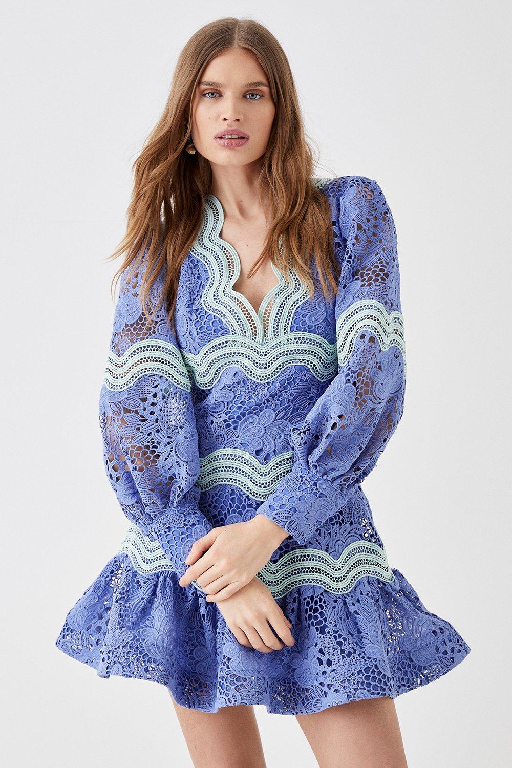 Lace Blouson Sleeve Trim Detail Mini Dress - Blue