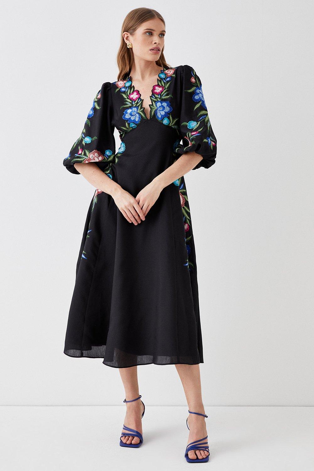 Floral Neckline Embroidered Puff Sleeve Midi Dress - Black