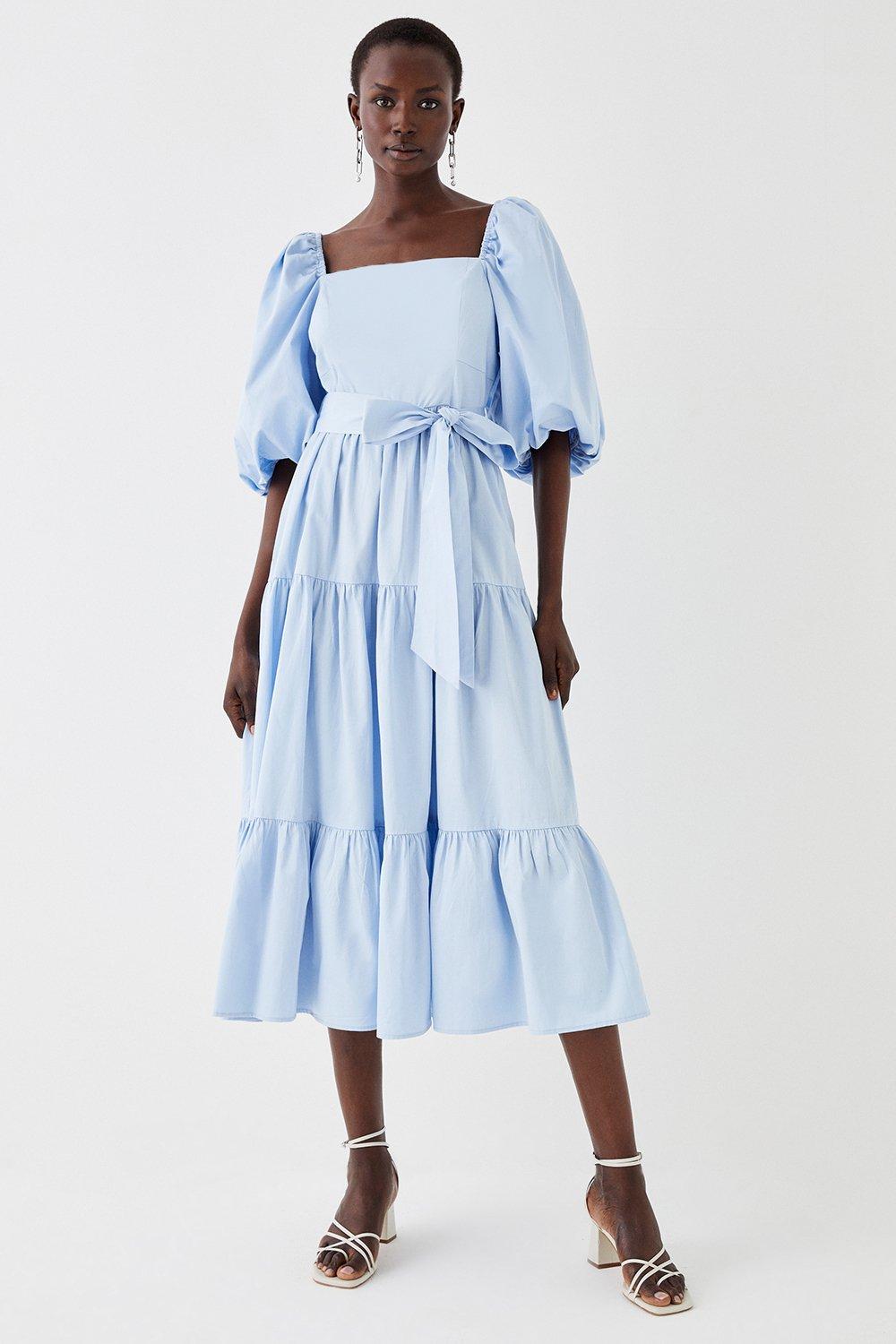 Puff Sleeve Belted Cotton Tiered Midi Dress - Light Blue