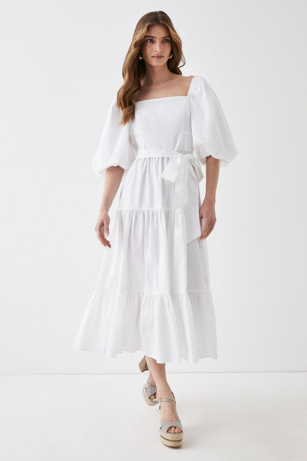 Puff Sleeve Belted Cotton Tiered Midi Dress - White