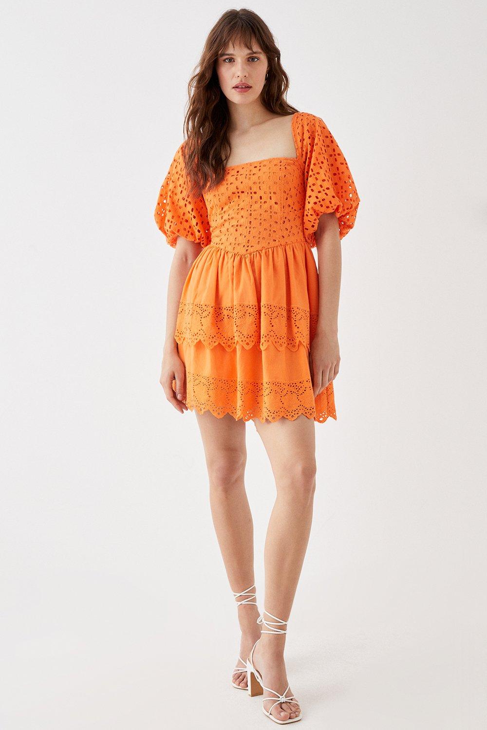 Lace Up Tiered Skirt Broderie Mini Dress - Orange