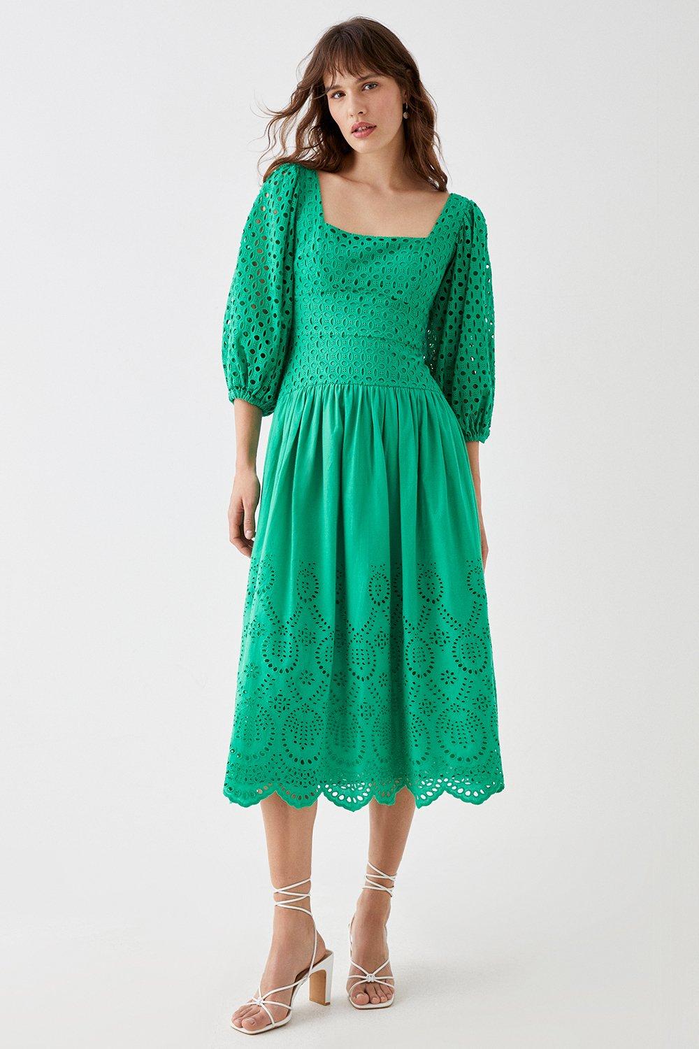 Square Neck Puff Sleeve Broderie Midi Dress - Green