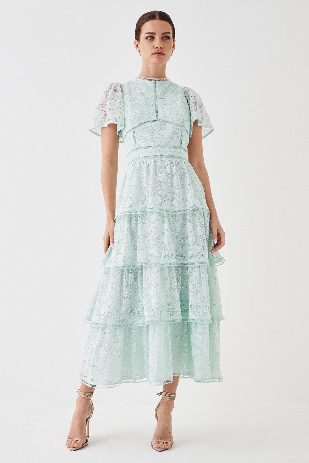 Petite Tiered Lace Dress With Flutter Sleeve & Trims - Sage