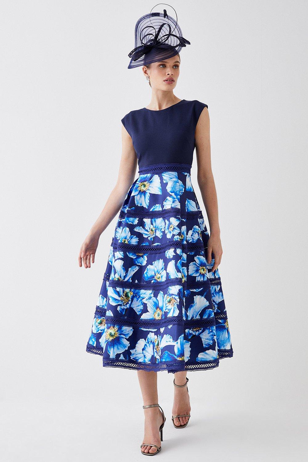 Midi Dress With Ponte Top & Lace Trims - Navy