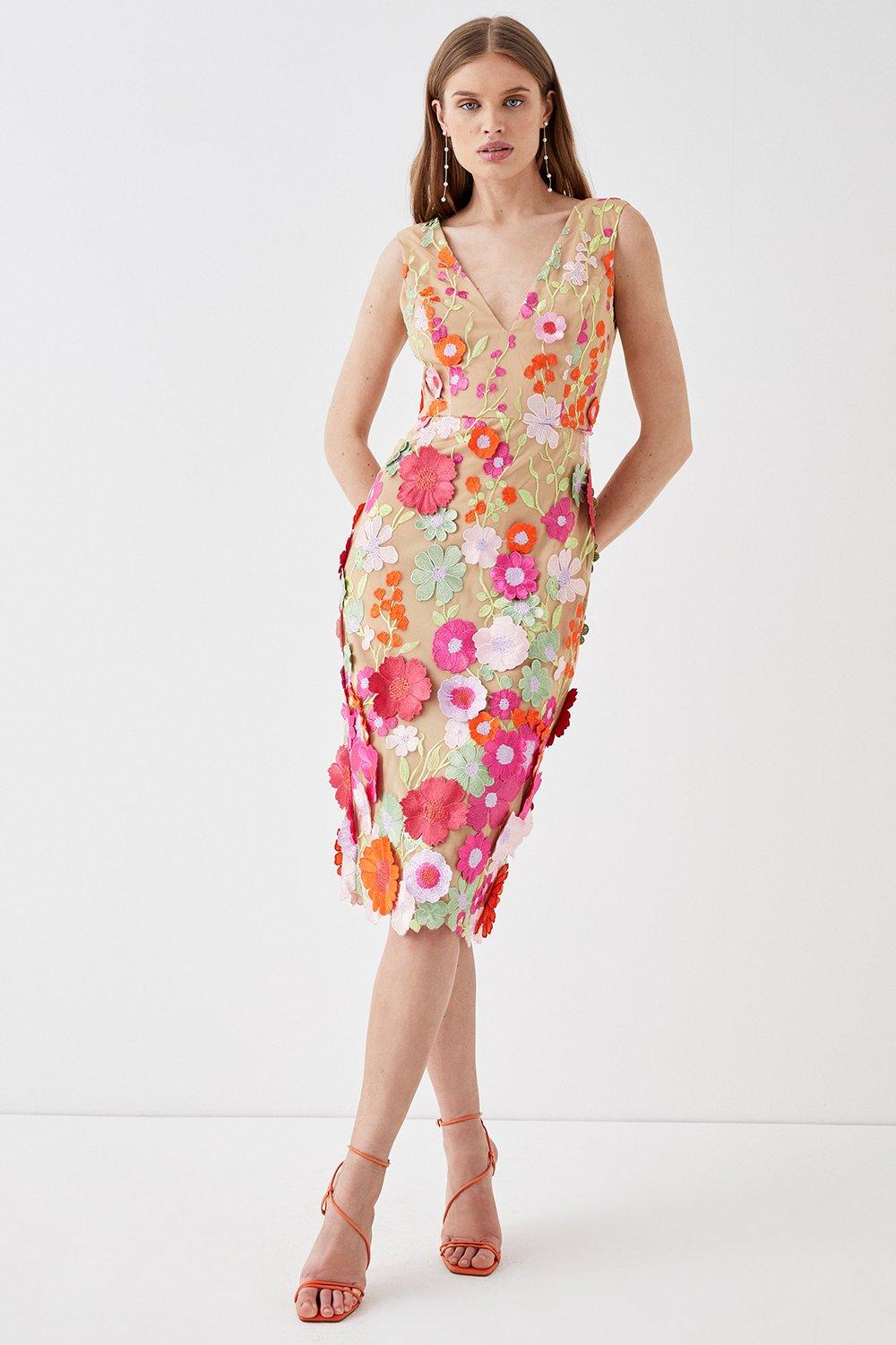 3d Floral Deep Plunge Pencil Dress