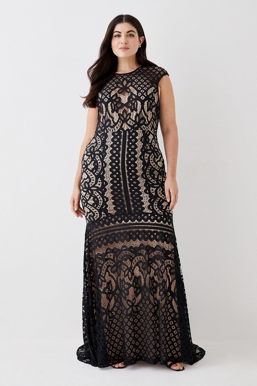 Plus Size Cap Sleeve Lace Fishtail Hem Maxi Dress - Black
