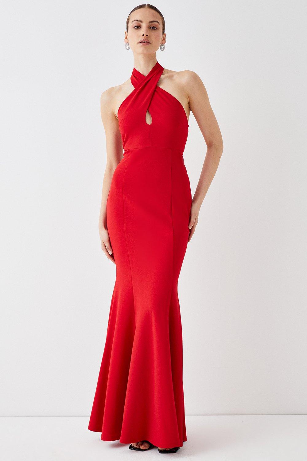 Twist Halter Maxi Prom Dress - Red
