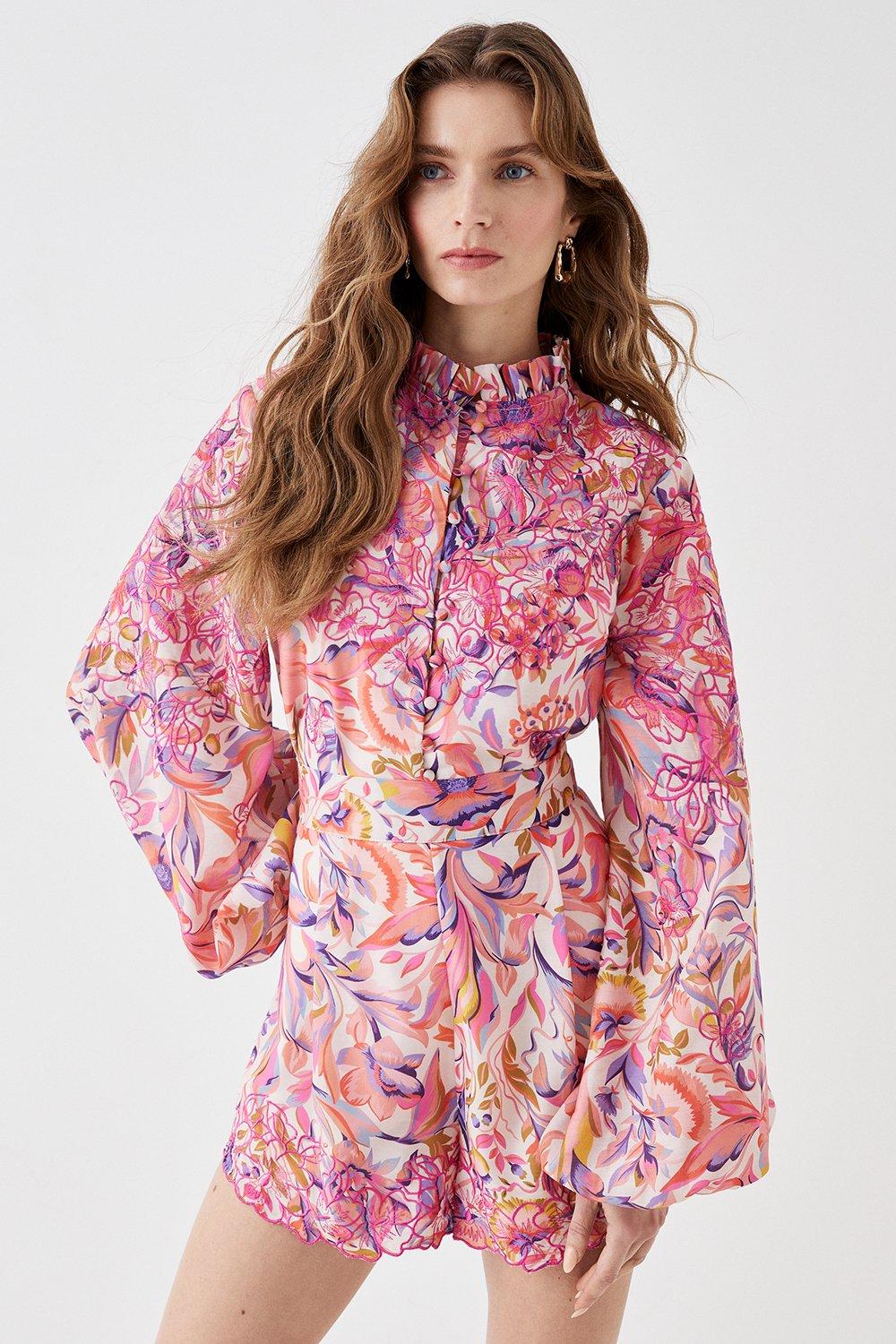 Alexandra Farmer Premium Printed Blouse With Embroidery - Pink