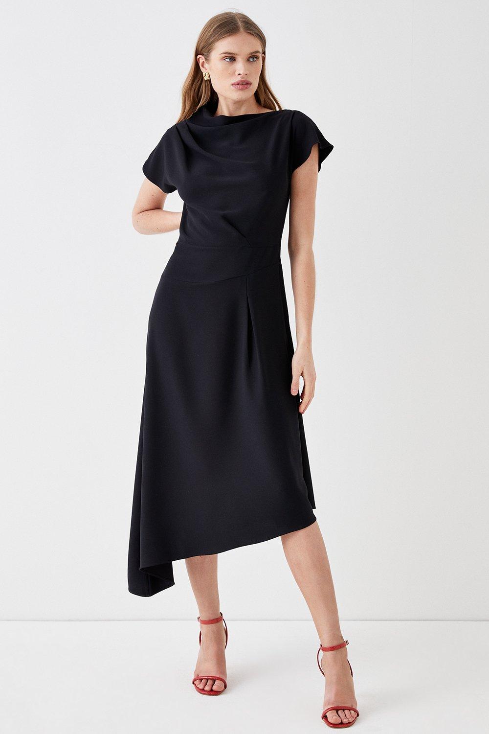 Asymmetric Neck And Hem Midi Dress - Black