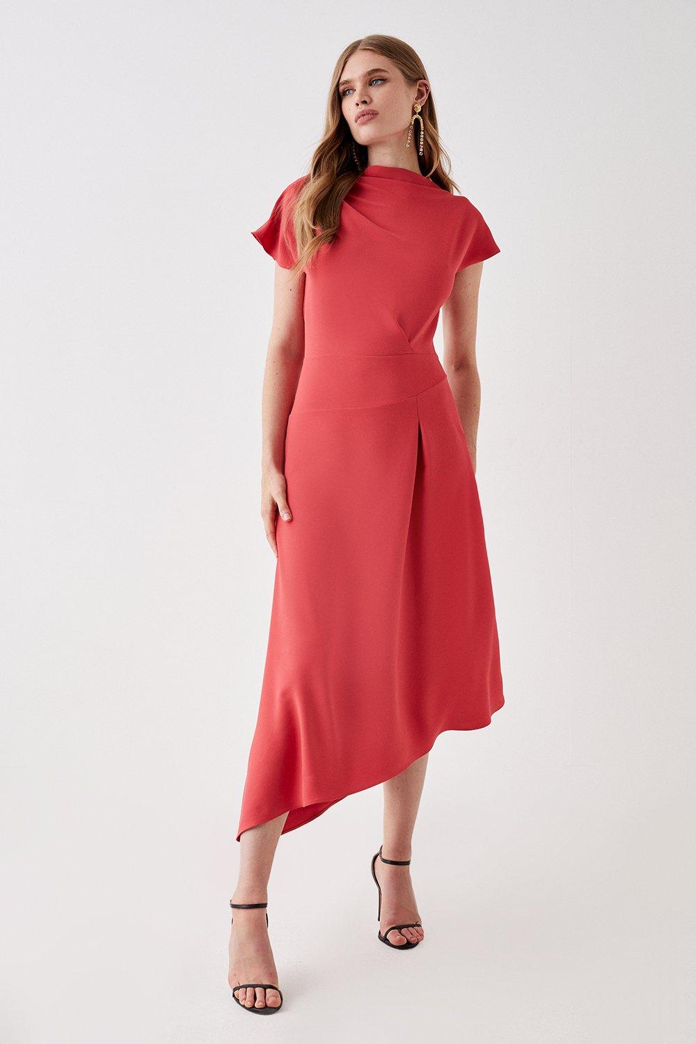 Asymmetric Neck And Hem Midi Dress - Red