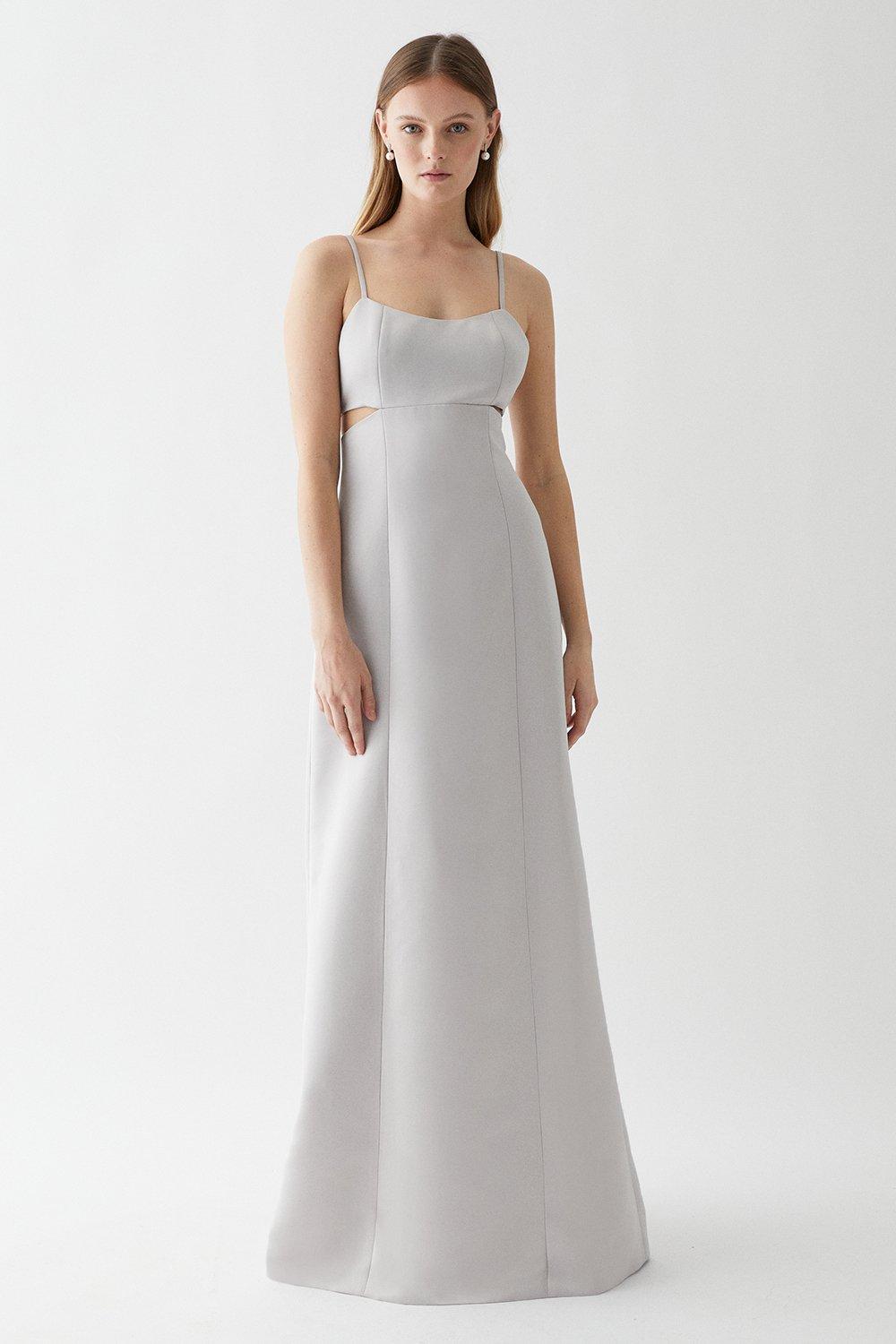 Peekaboo Side Structured Satin Bridesmaids Column Dress - Grey Mist
