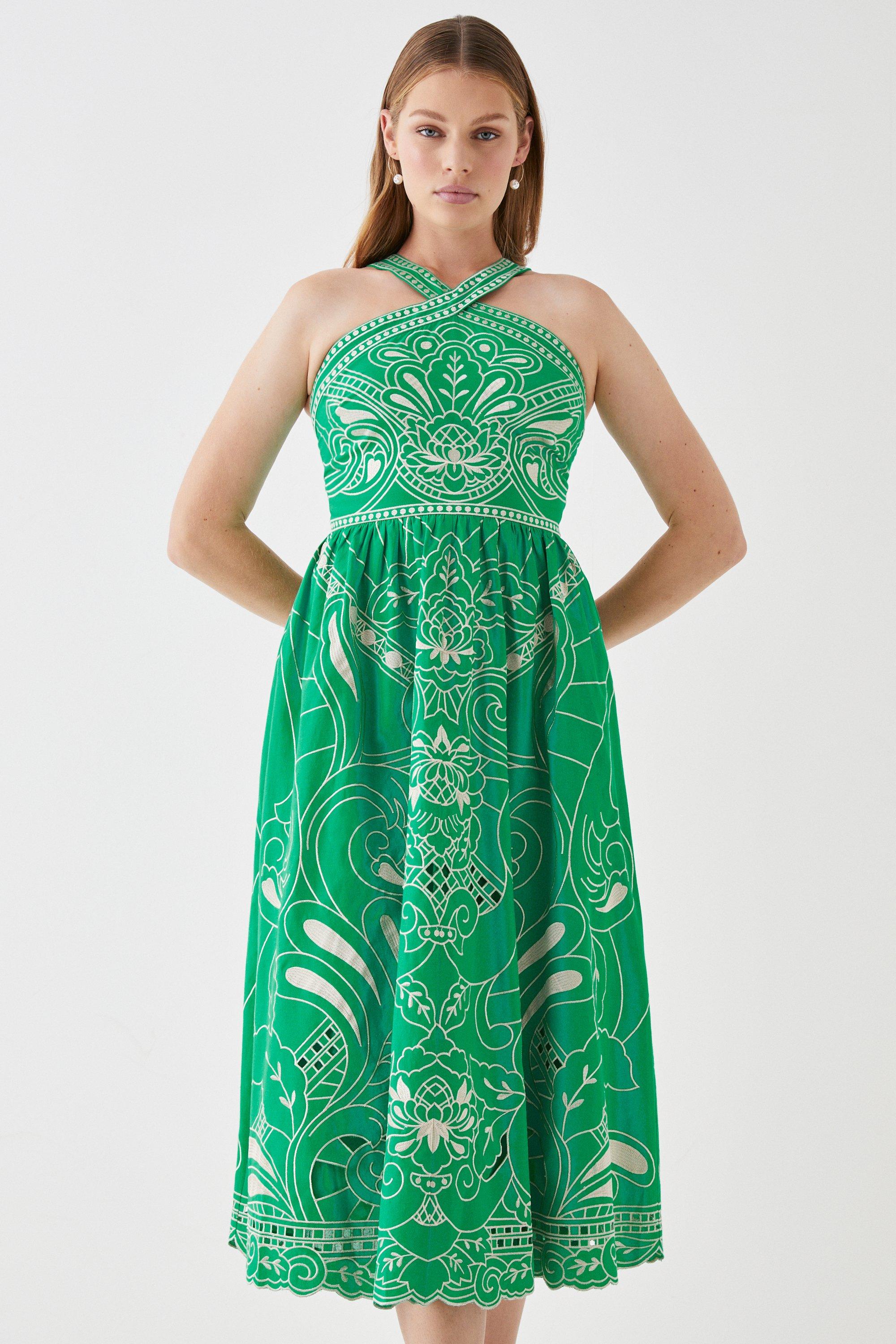 Cross Neck Cutwork Embroidered Midi Dress - Green