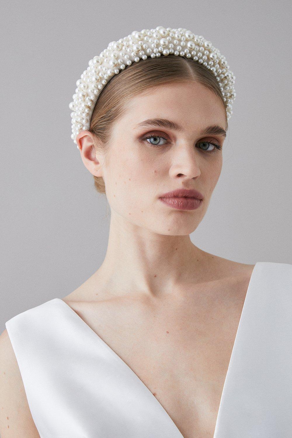Pearl Cluster Embellished Bridal Headband - Ivory