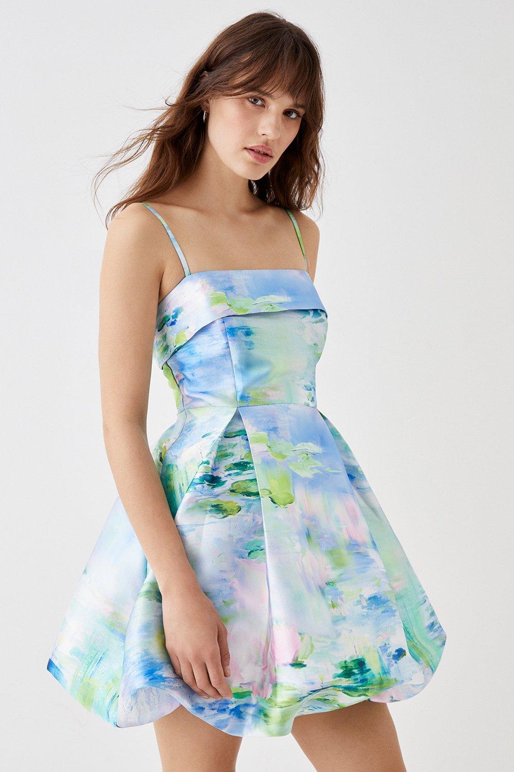 Printed Puffball Mini Dress - Blue