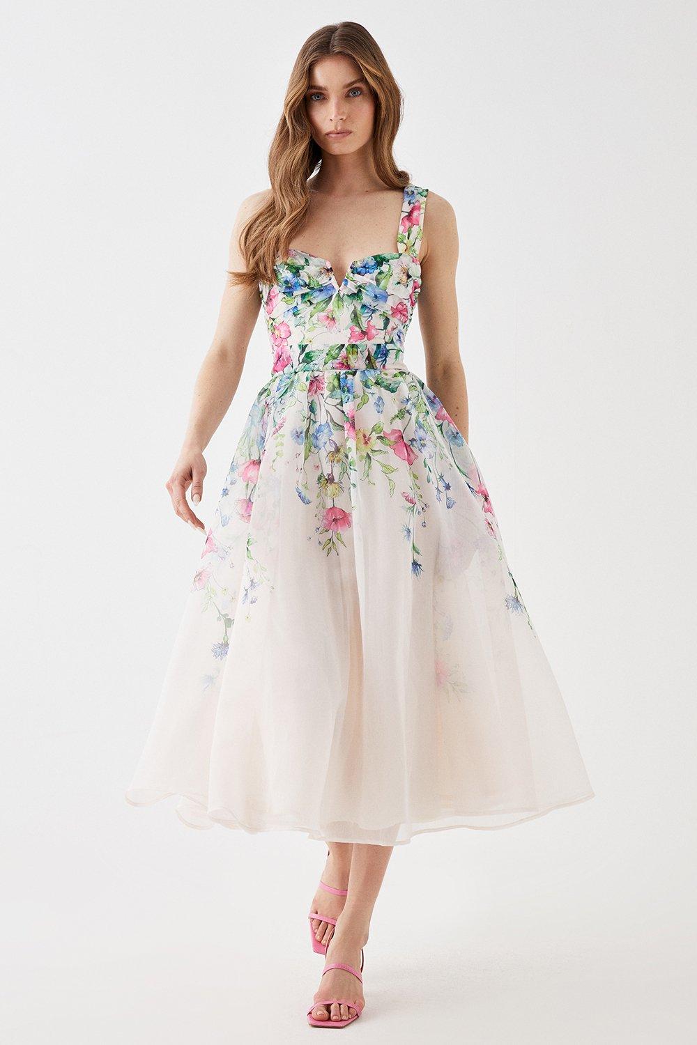 Dresses | Organza Floral Placement Notch Neck Midi Dress | Coast