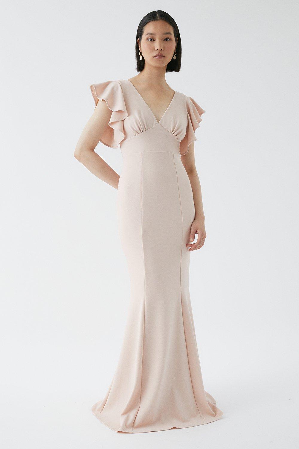 Sculpting Crepe Frill Shoulder Bridesmaids Maxi Dress - Pink