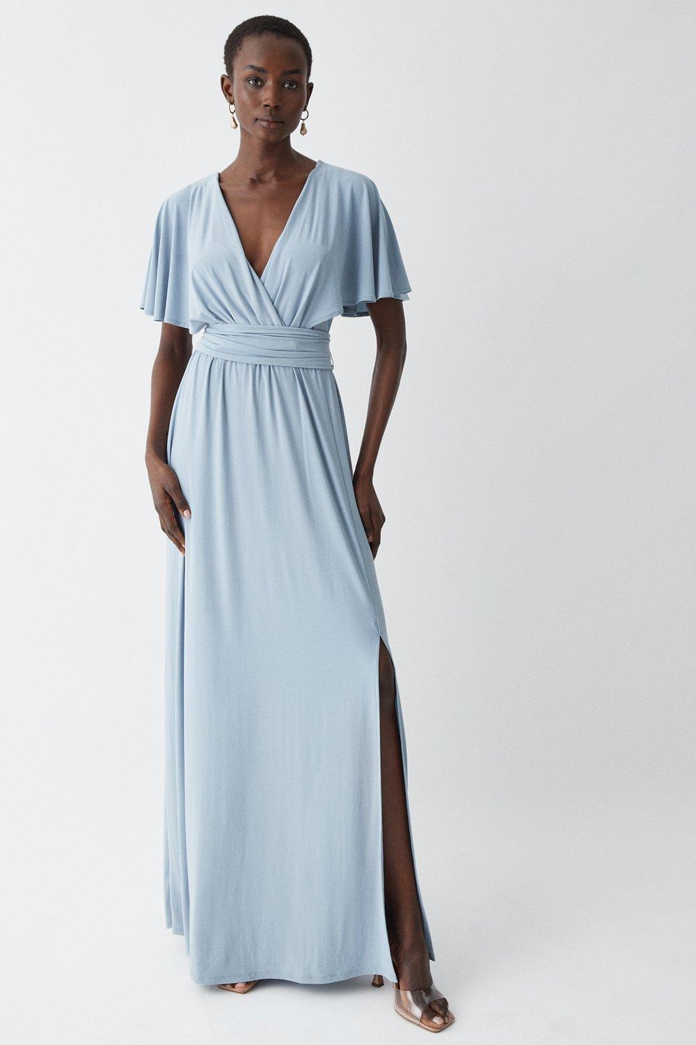 Cape Detail Slinky Jersey Bridesmaids Maxi Dress - Pale Blue