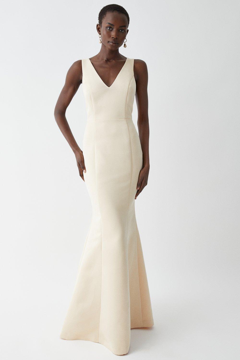 Structured Satin Cross Back Fishtail Bridesmaids Dress - Champagne