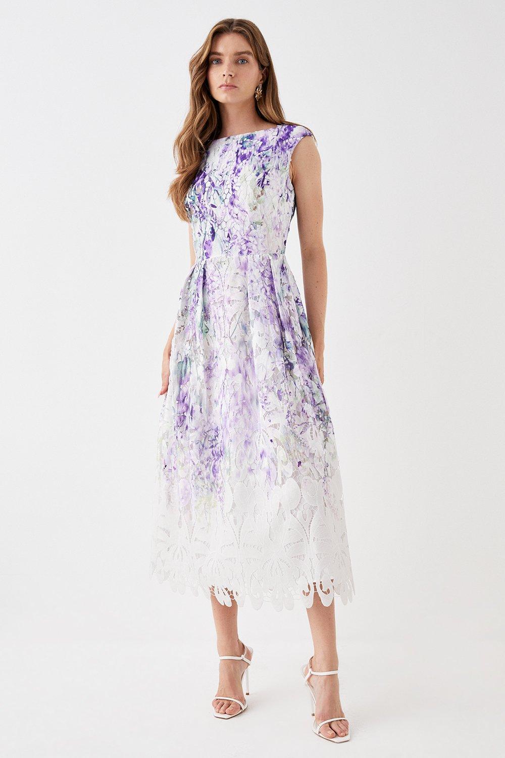 Printed Lace Sleeveless Midi Dress - Lilac