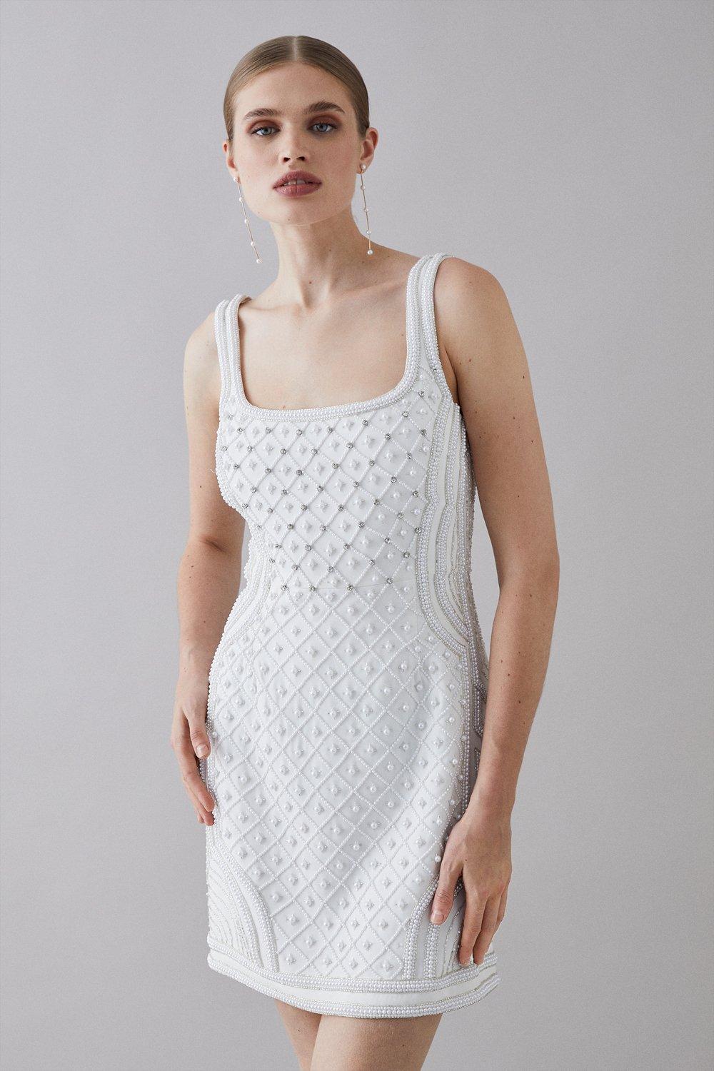 Premium Embellished Square Neck Mini Dress - Ivory