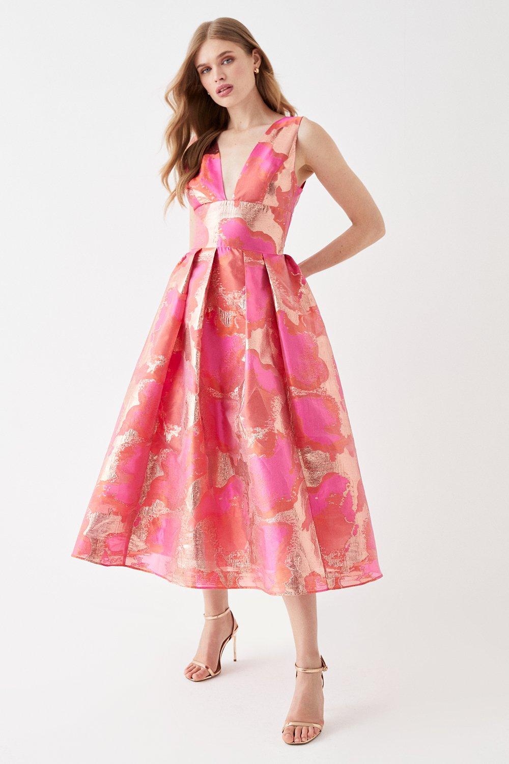 Warehouse jacquard midi dress in best sale blush red