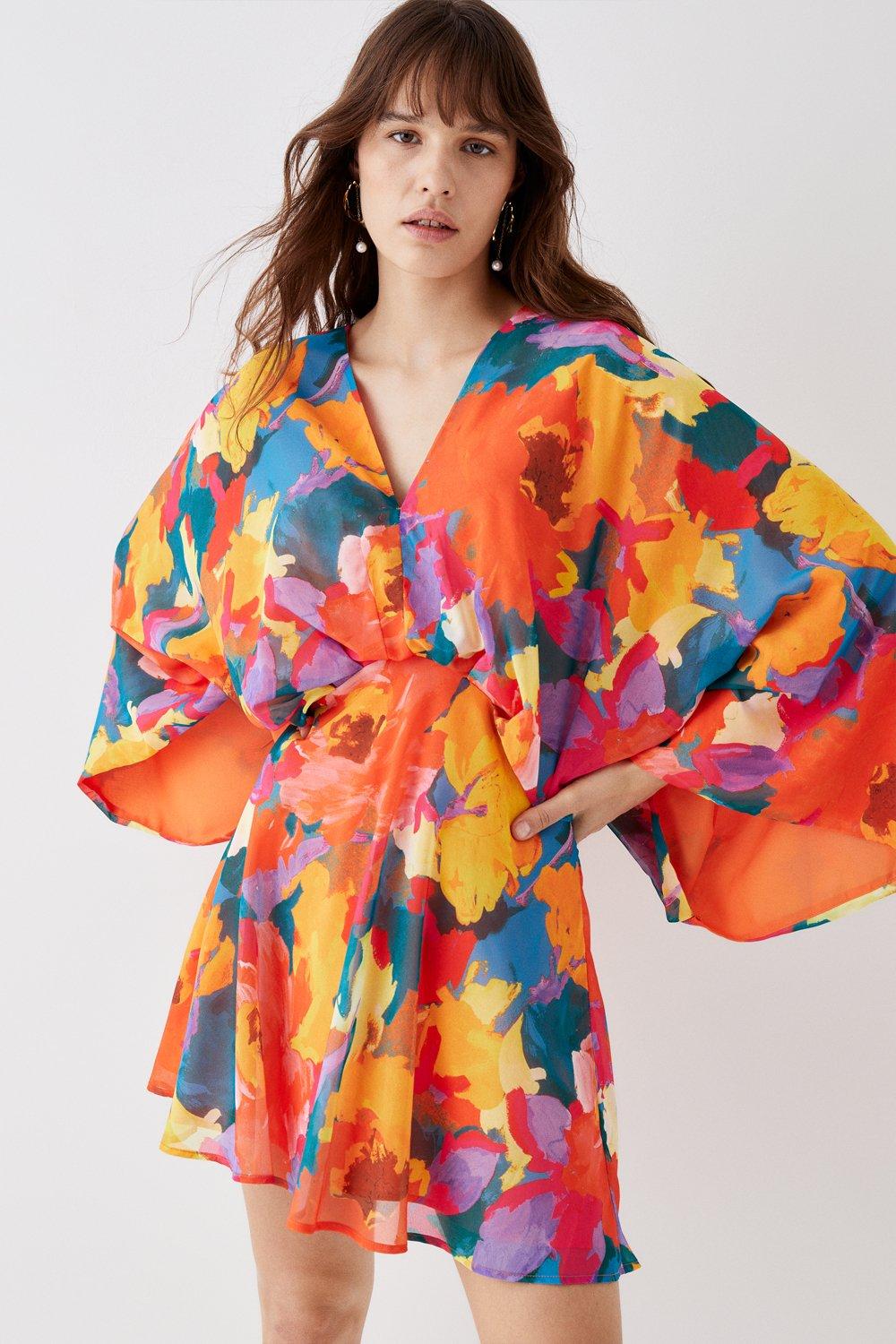 Printed V Neck Kimono Mini Dress