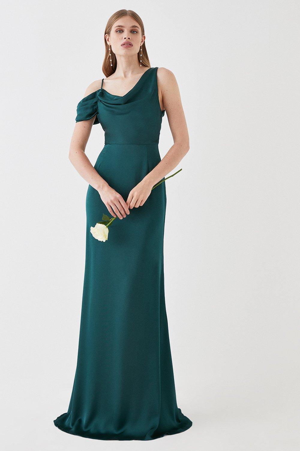 Satin Asymmetrical Neckline Bridesmaids Dress - Green