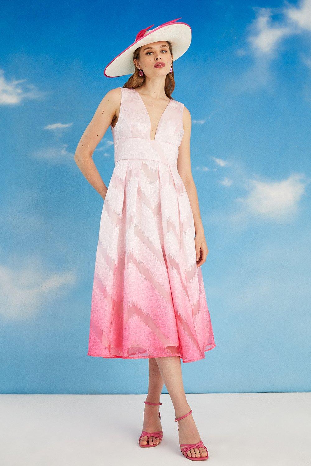 Lisa Tan Plunge Neck Textured Ombre Midi Dress - Pink