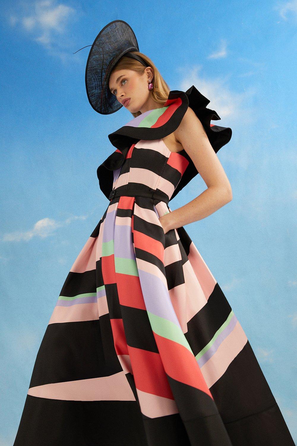 Lisa Tan Geo Stripe Ruffle Shoulder Midi Dress