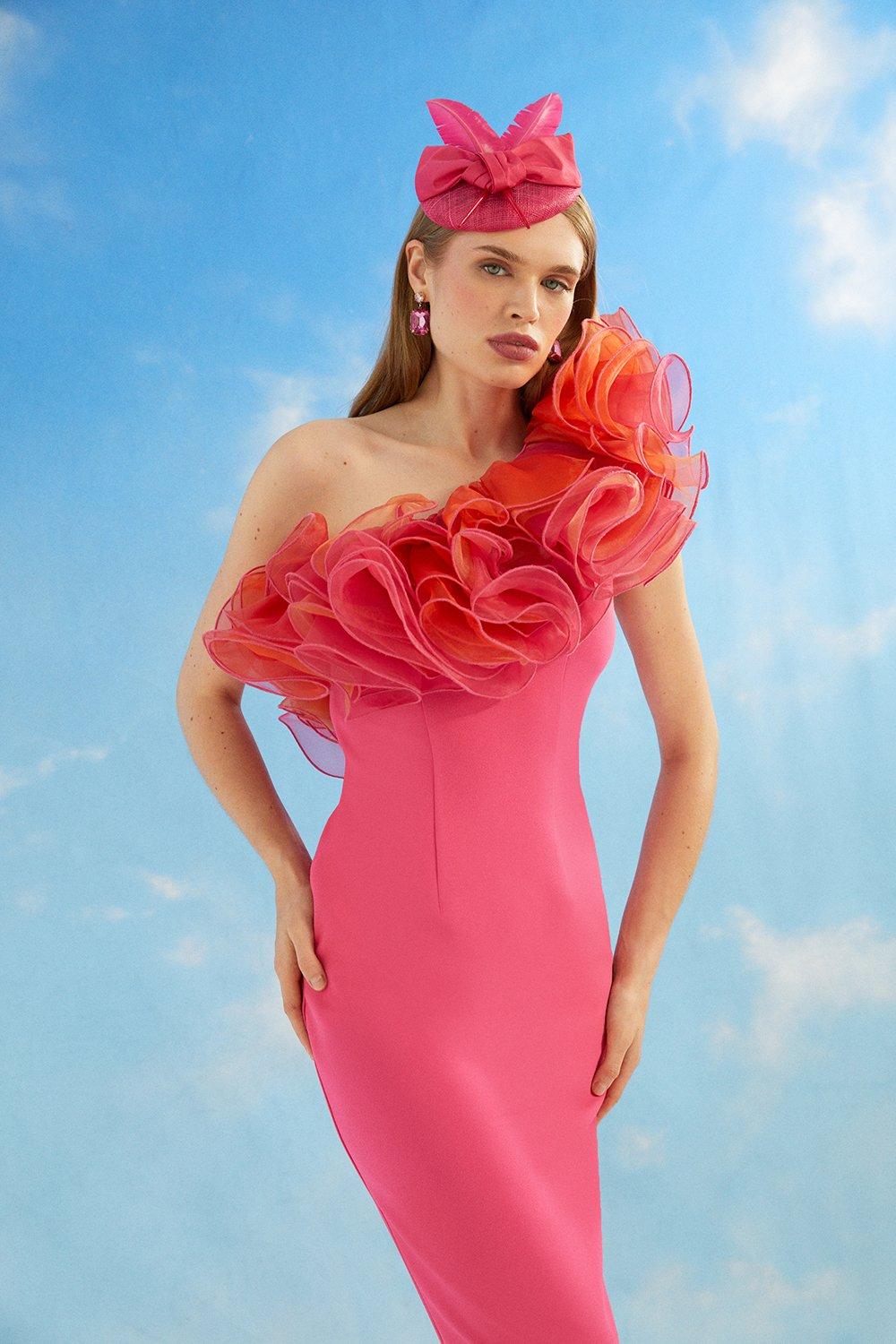 Lisa Tan Organza Oversized Ruffle Pencil Dress - Pink