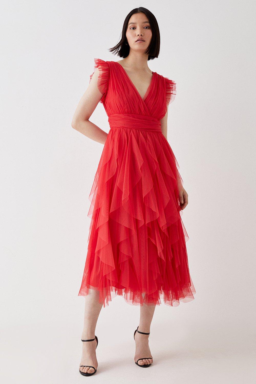 Ruffled Skirt Mesh Midi Dress - Red