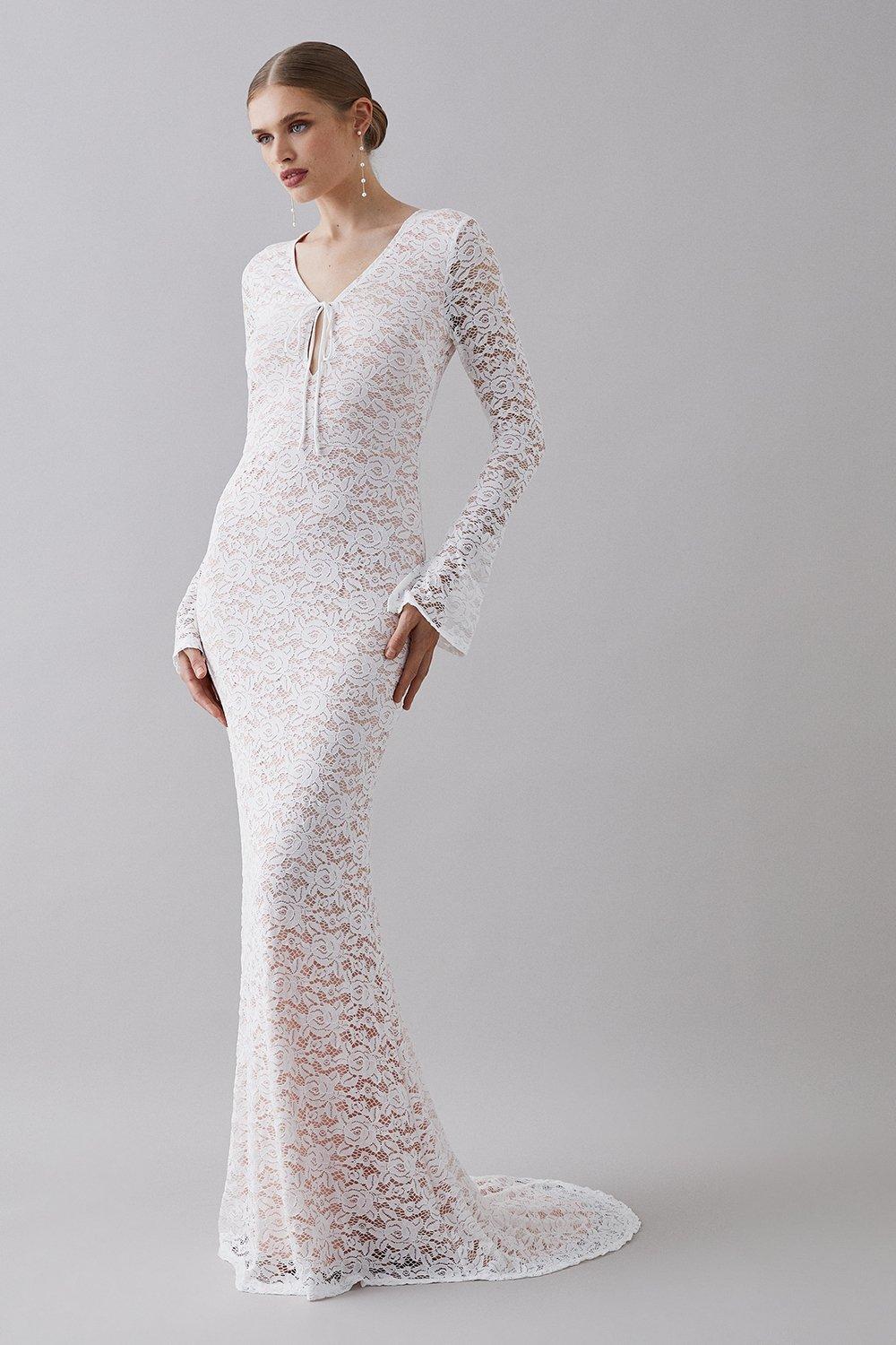 Long Sleeve Boho Lace Keyhole Wedding Dress - Ivory
