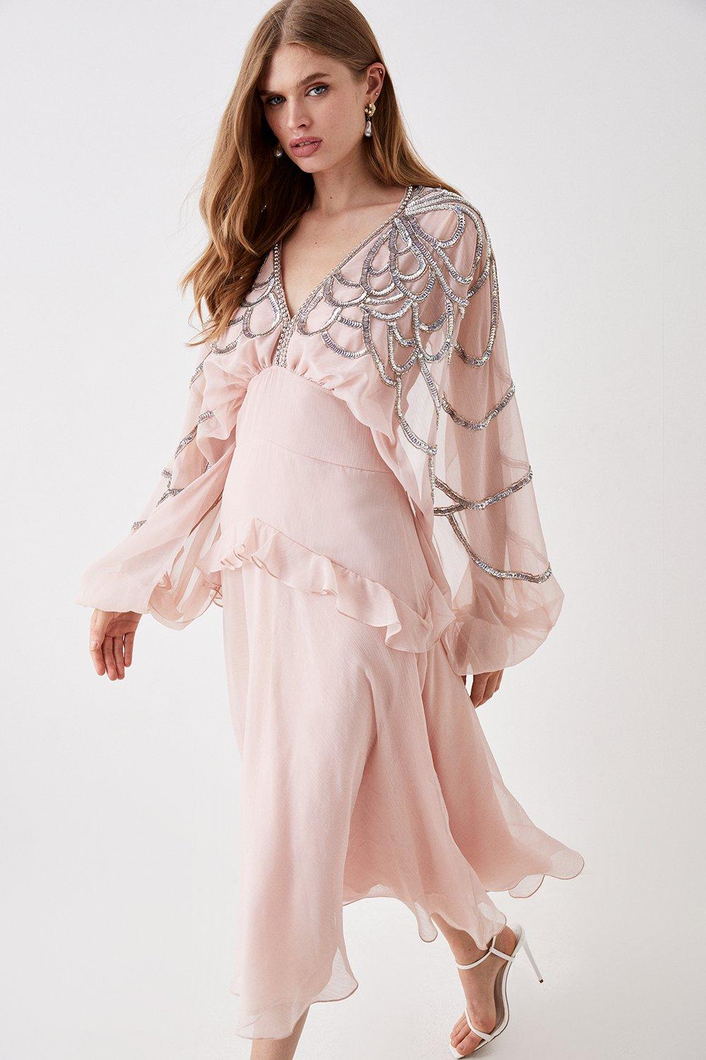 Asos design feather clearance embellished cape midi dress